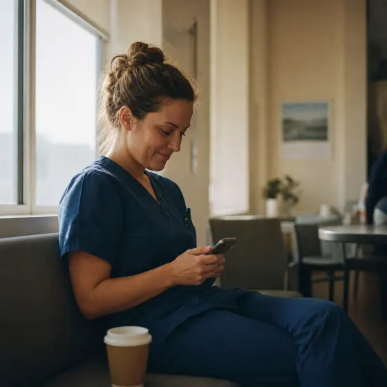 A clinician in navy scrubs reading her phone on a break